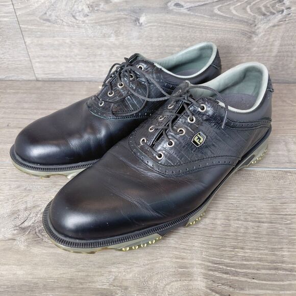 FootJoy DryJoy Tour Golf Shoes Men 9.5 Black Leather Waterproof Soft Spike 53676 - Picture 4 of 12